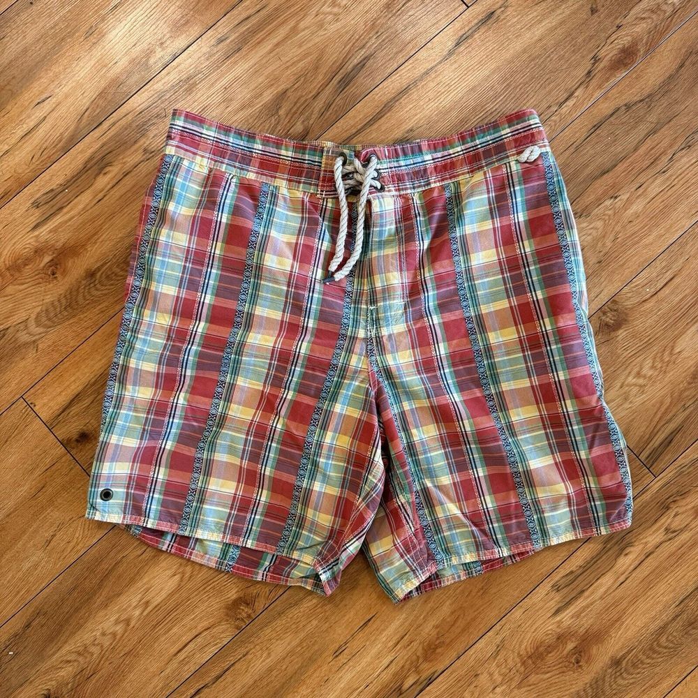 Men's Polo Ralph Lauren Drawstring Patch Work Swim Shorts Plaid Size Large